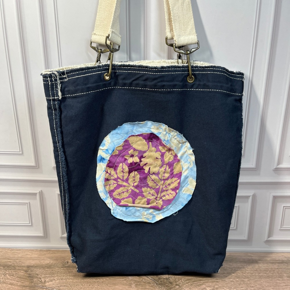 Authentic‎ Pigment Canvas Tote Bag Women Large Navy Blue Boho Floral Applique